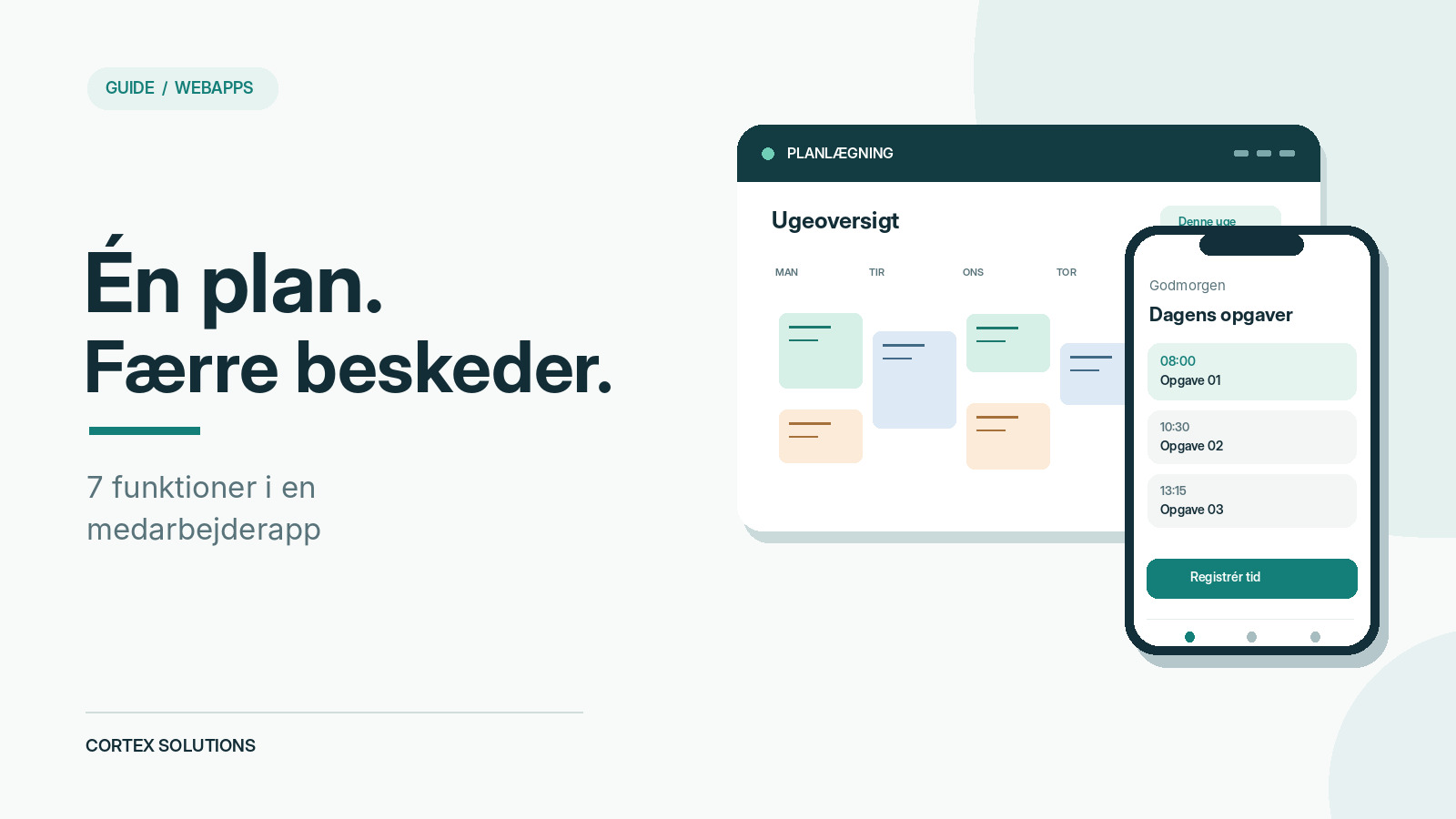 Illustration af en medarbejderapp med dagsplan, opgaver og tidsregistrering på mobil